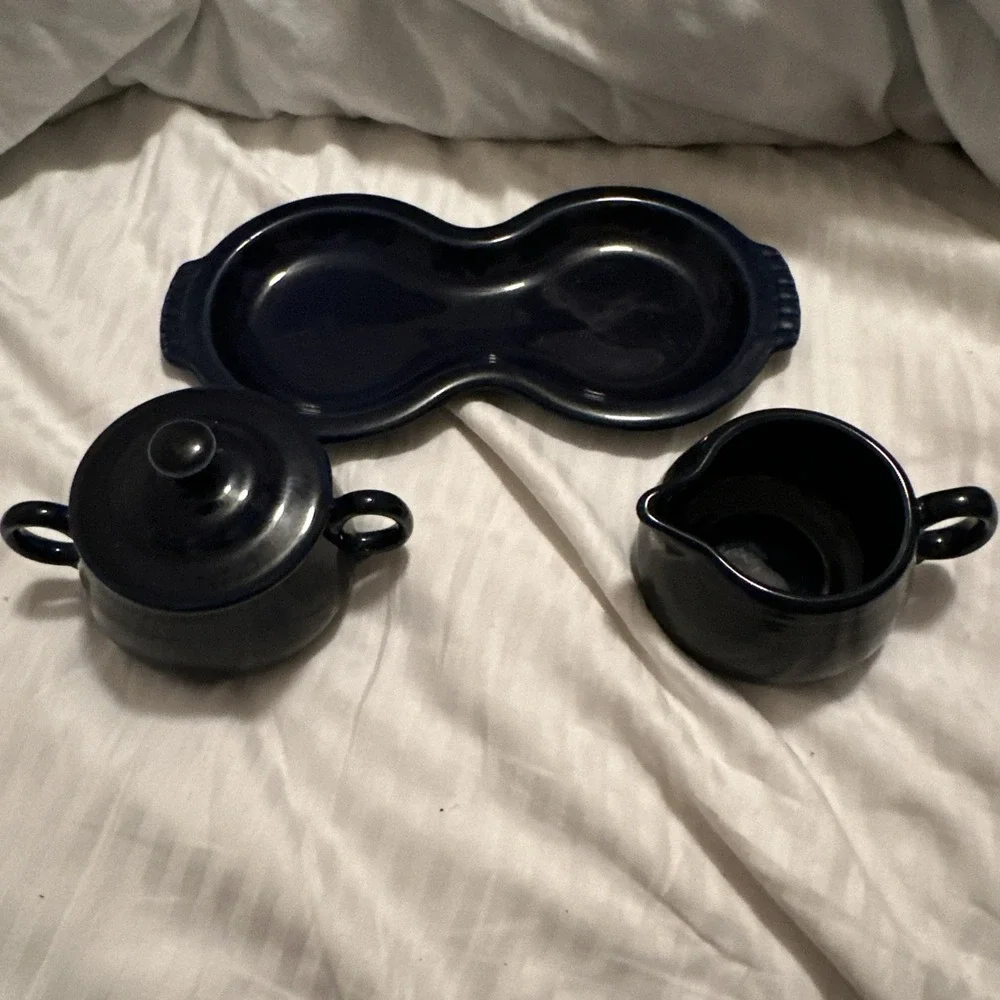 Fiestaware Cobalt Blue Creamer Sugar Bowl Lid Tray Set Homer Laughlin Post 1986